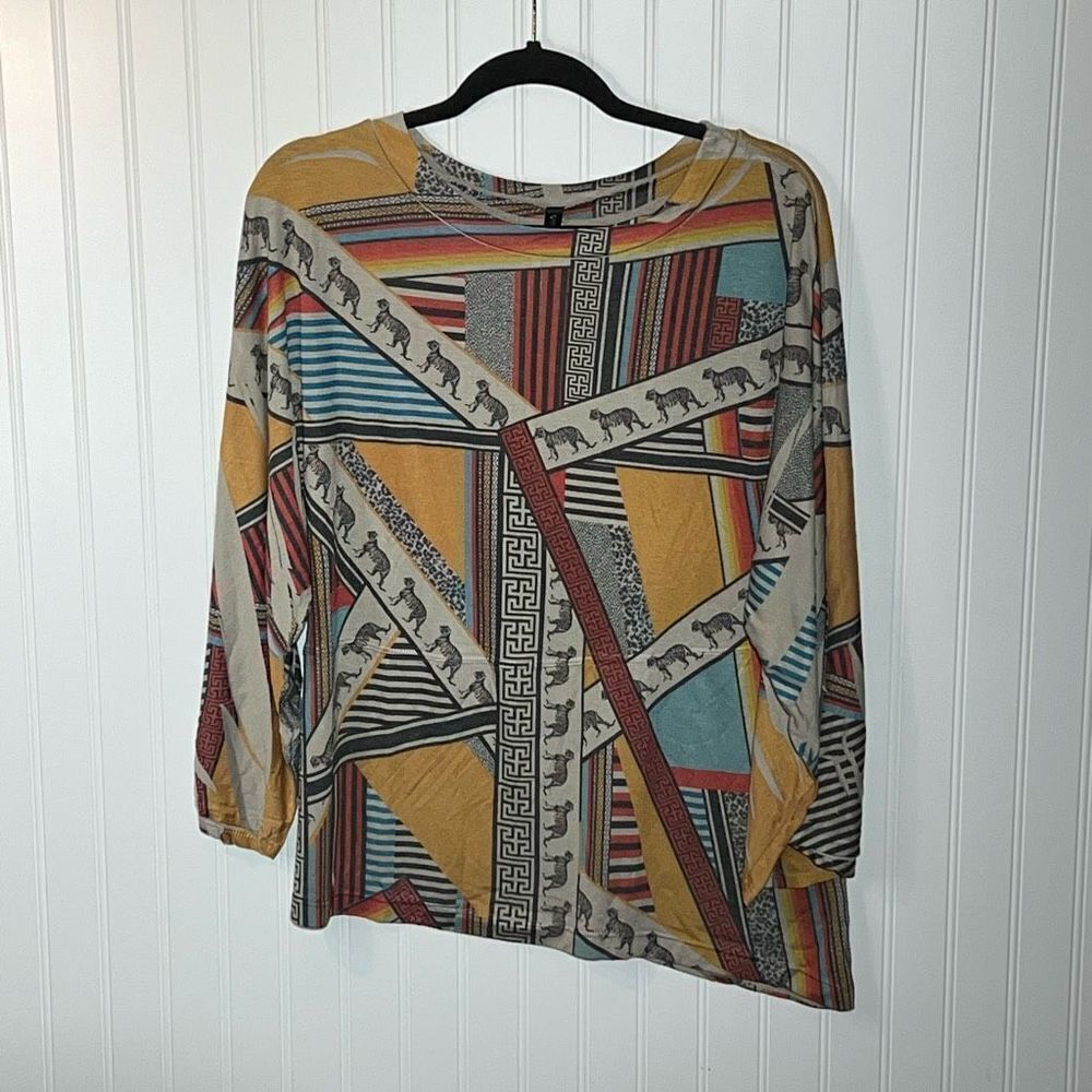 Casa Lee Top Women’s Large South Western Round Neck A·sym·met·ri·cal Hem Boho